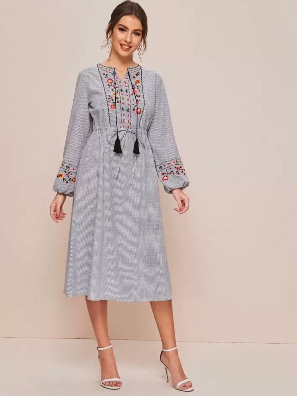 Mulvari Tassle Tie Neck Embroidered Striped Dress